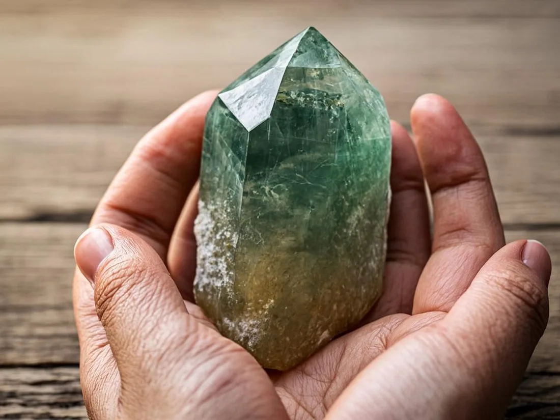 雙手捧著綠幽靈原礦，陽光下透出翠綠光澤